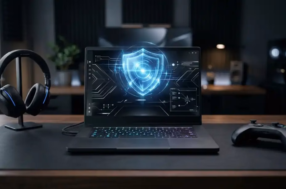 Laptop gamer con escudo de seguridad, antivirus para gaming 2026