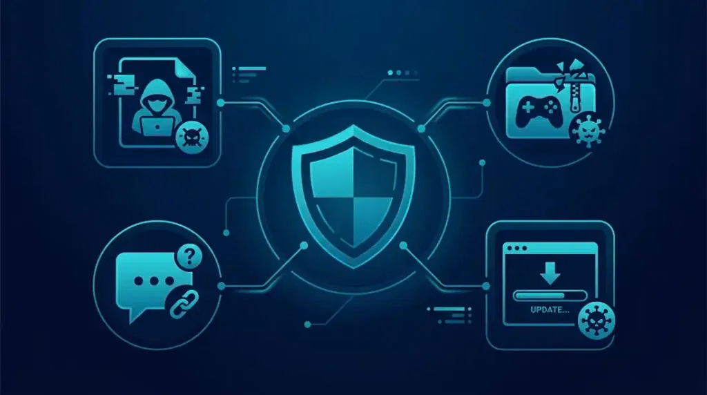 Infografía de amenazas comunes para gamers: cheats, mods, enlaces y falsas actualizaciones