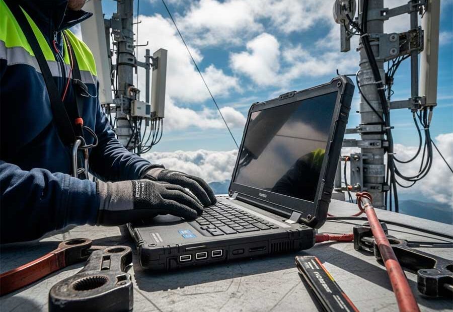 Laptops para trabajo en alturas. Un técnico trabajando con una laptop rugerizada en una torre de telecomunicaciones en lo alto de una montaña