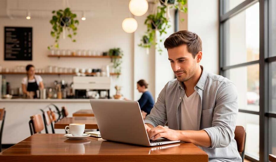 Un profesional trabajando en un cafe con su laptop. Laptops con mayor duración de batería.