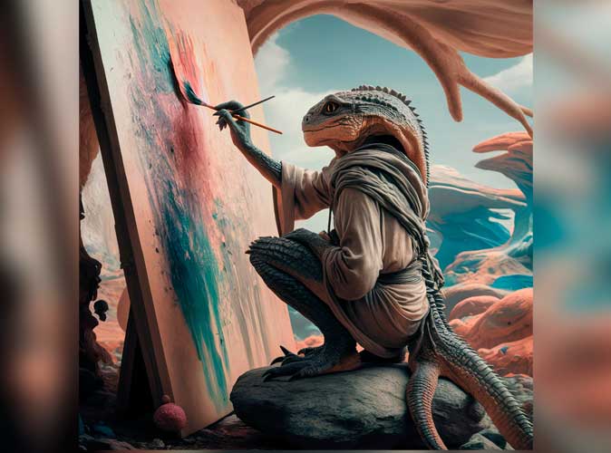 Alien reptiliano pintando un lienzo