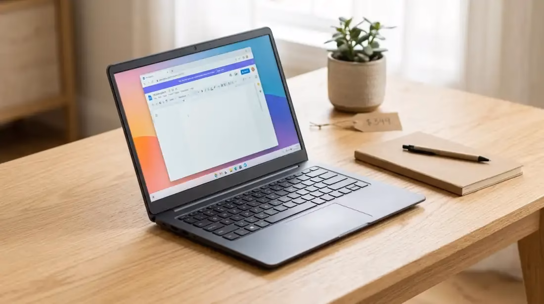 Laptop económica sobre escritorio, mejores laptops por menos de 400 dólares