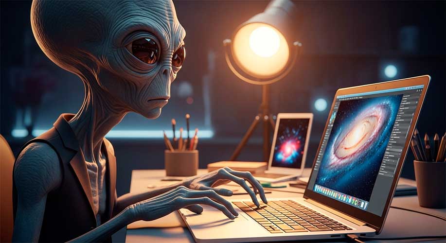 Gray alien creating art with a laptop. Creado con Google Whisk
