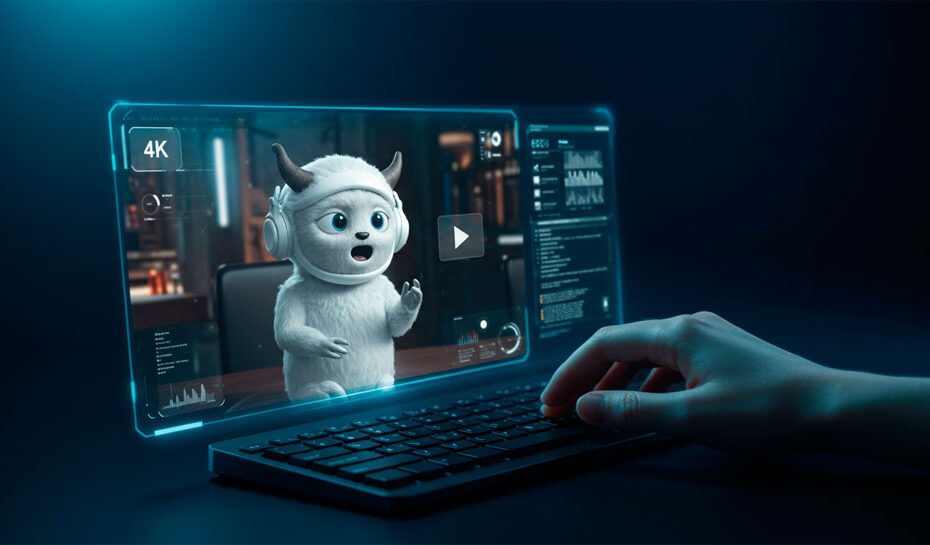 Una escena de video cinematográfica: un Yeti blanco publicando un podcast. Cómo crear videos con IA a partir de texto gratis: Guía completa.