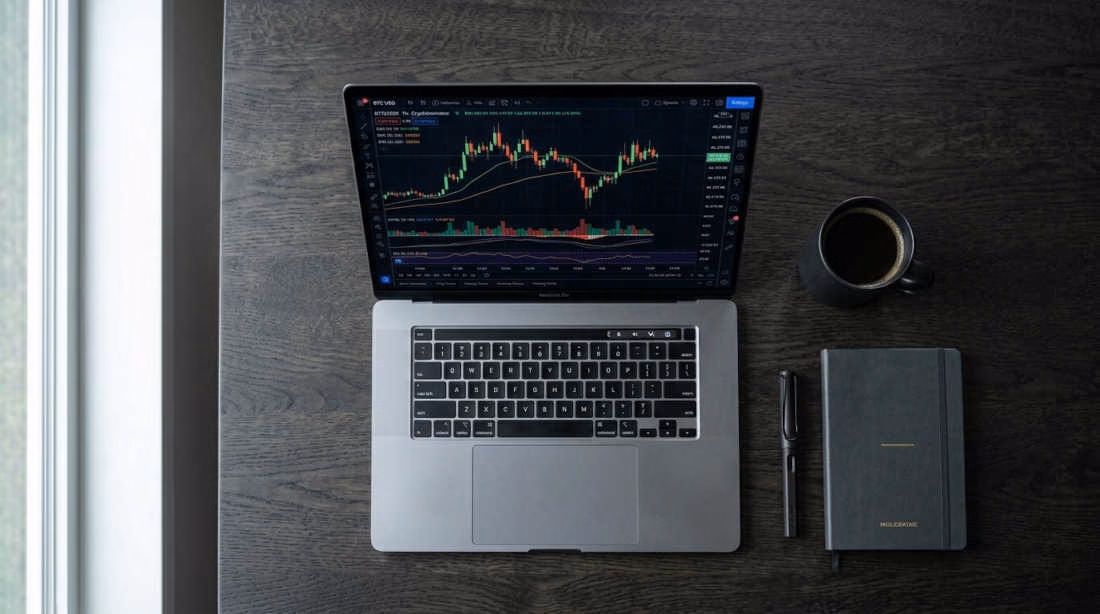 Laptops para trading: Laptop con gráficas de trading de criptomonedas en pantalla sobre escritorio minimalista