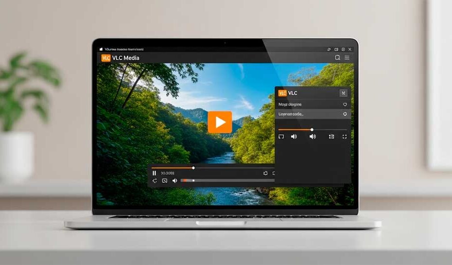 Descargar VLC Media Player. Una laptop con el repoductor VLC en ejecución.