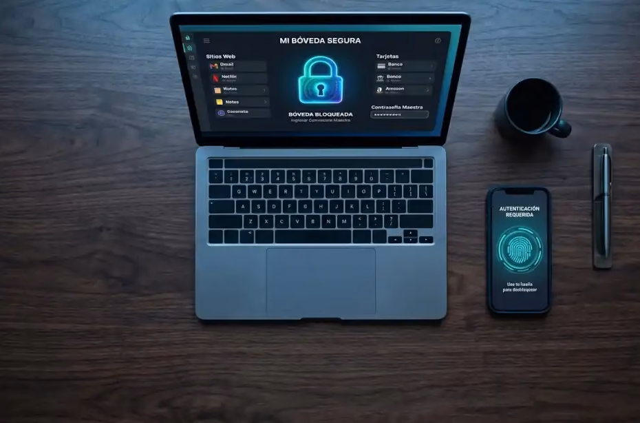 Gestor de contraseñas mostrando bóveda cifrada y passkey