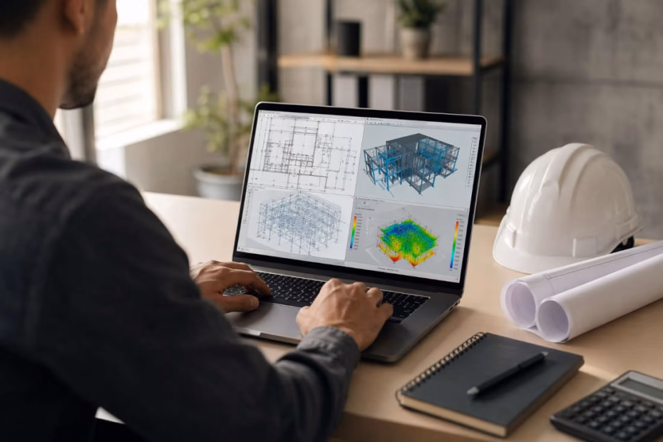 Laptops para INgenieros: Ingeniero trabajando con software CAD y BIM en una laptop de alto rendimiento sobre un escritorio profesional
