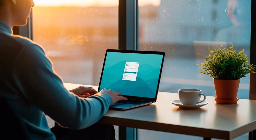 Persona trabajando cómodamente en una laptop rápida y optimizada