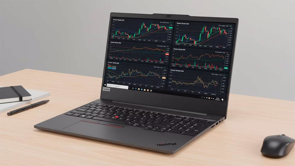 Open Lenovo ThinkPad E16 Gen 2 laptop angled slightly forward. Displaying stock charts, forex graphs and crypto price movements, clean desk, neutral lighting, realistic style, tech editorial photography