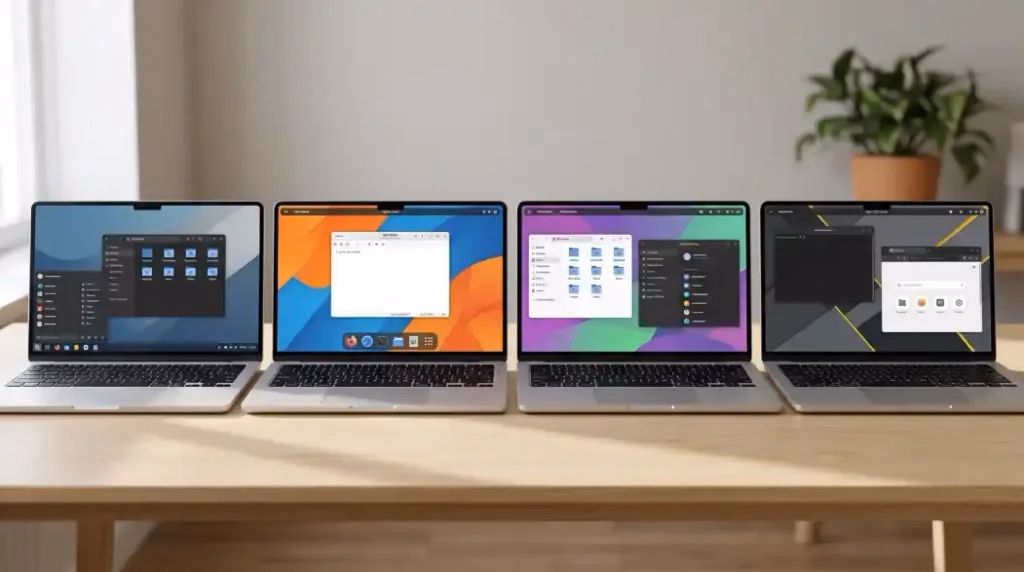 Comparativa de escritorios Linux GNOME, KDE Plasma, Cinnamon y Xfce en laptop