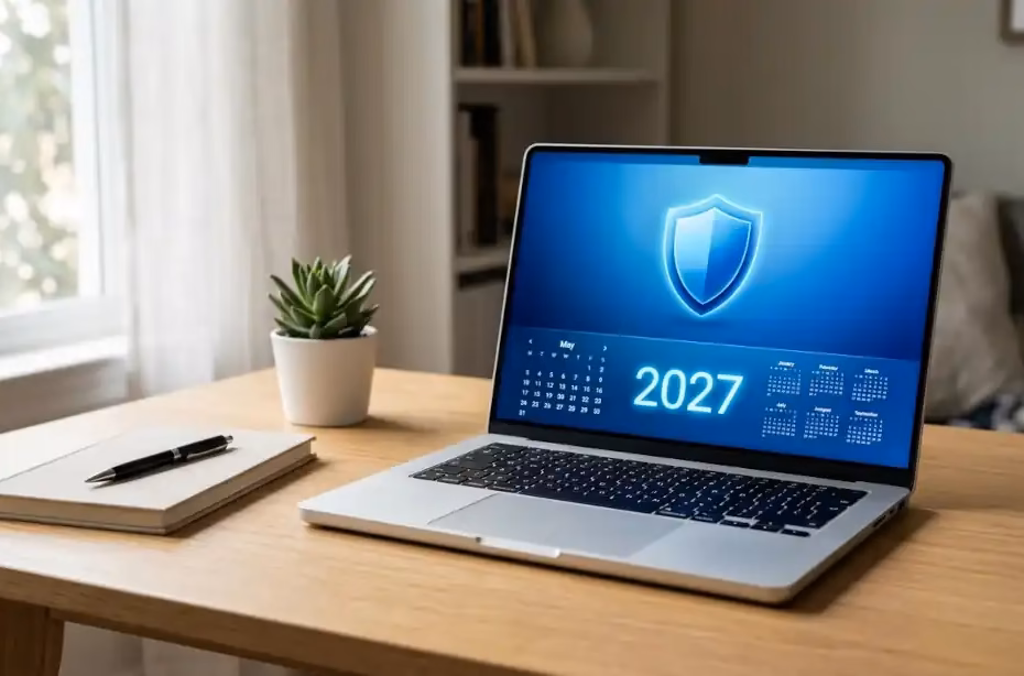 Laptop con Windows 10 y escudo de seguridad, fin de soporte y ESU hasta 2027