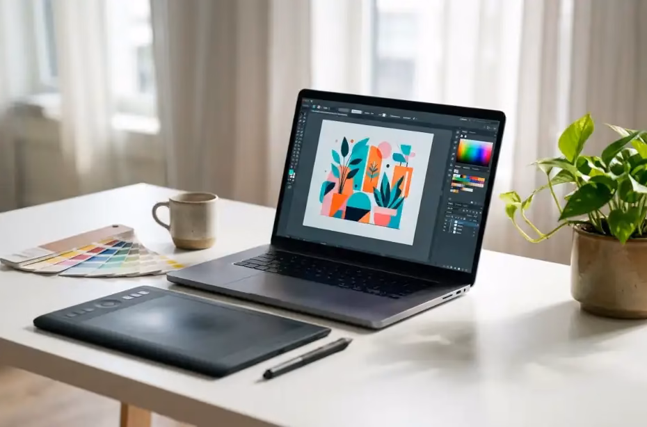 Laptop para diseño gráfico mostrando una ilustración a color sobre un escritorio