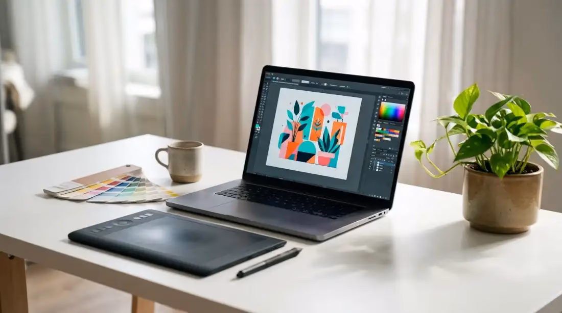Laptop para diseño gráfico mostrando una ilustración a color sobre un escritorio