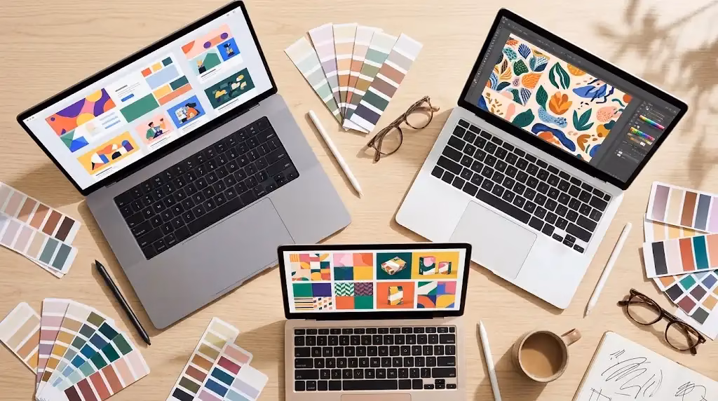 Tres laptops de distintos tamaños con proyectos de diseño gráfico en pantalla
