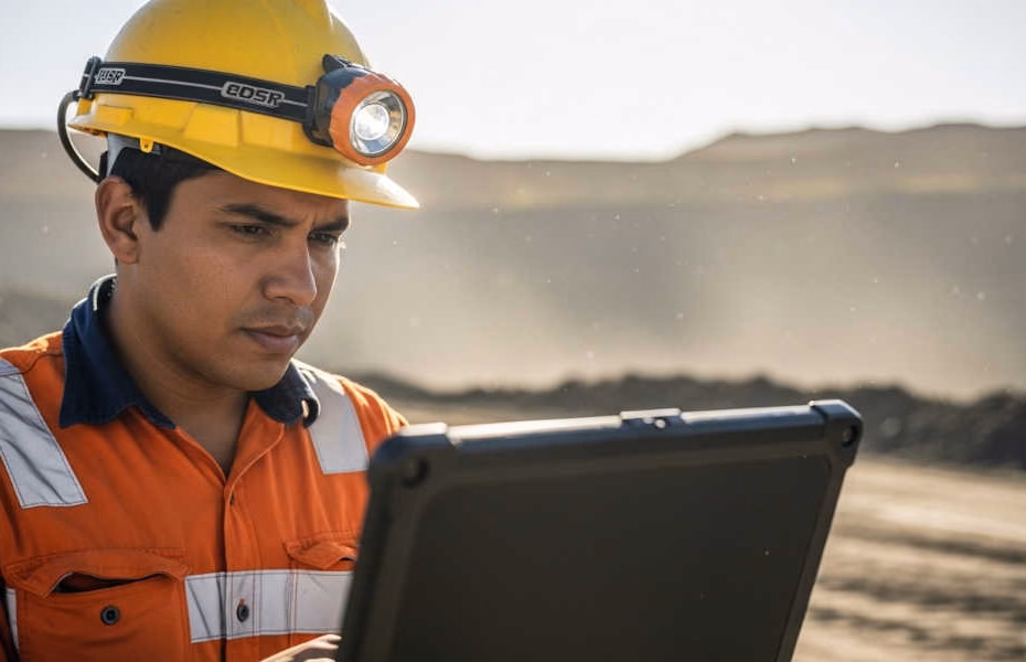 Laptops para Ingeniería de Minas: Ingeniero de minas usando una laptop resistente en campo con software de modelado geológico, tajo abierto al fondo