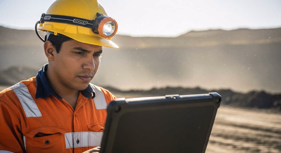 Laptops para Ingeniería de Minas: Ingeniero de minas usando una laptop resistente en campo con software de modelado geológico, tajo abierto al fondo