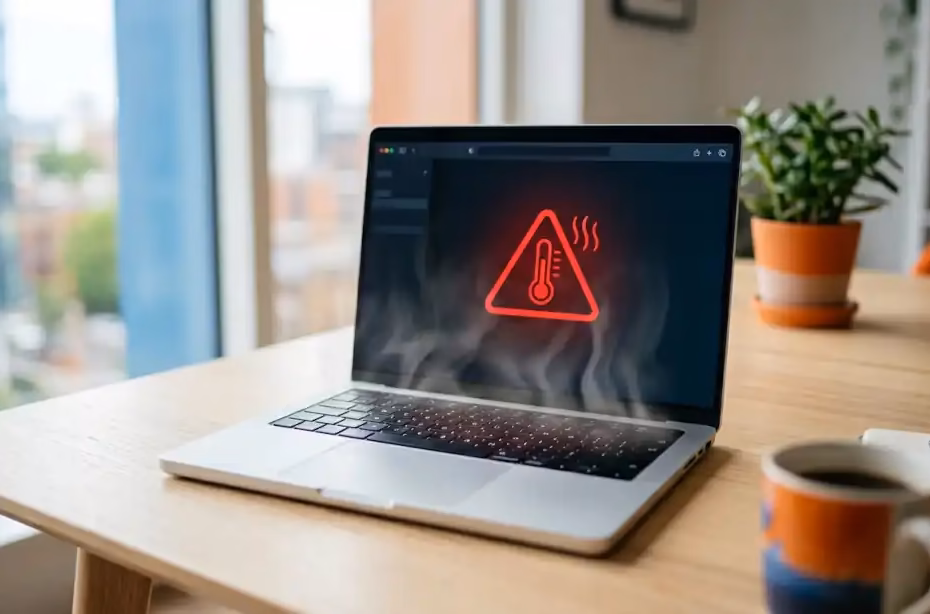 Laptop que se apaga sola por calor con advertencia de temperatura en pantalla