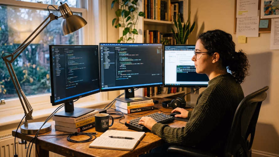 Persona aprendiendo un lenguaje de programación con recursos en línea.