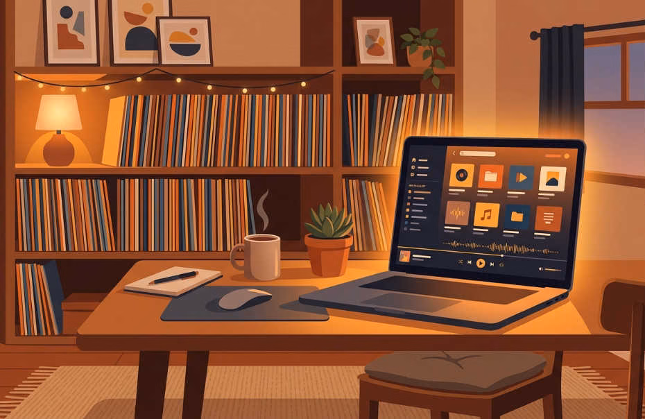 Servidor de música casero en laptop con biblioteca de MP3 sin publicidad