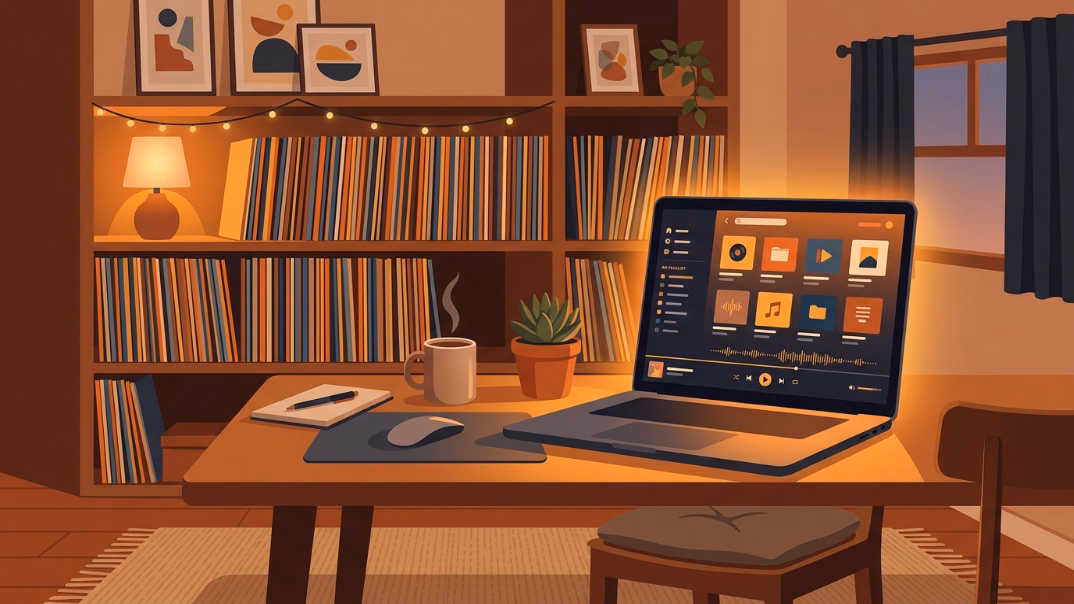 Servidor de música casero en laptop con biblioteca de MP3 sin publicidad