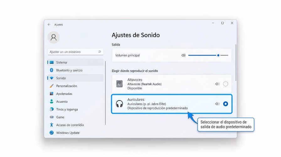 Configuración de sonido en Windows 11 mostrando selección de audífonos como dispositivo predeterminado