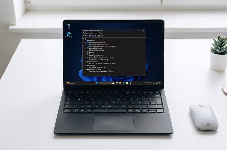 Administrador de dispositivos de Windows 11 mostrando drivers actualizados correctamente en una laptop
