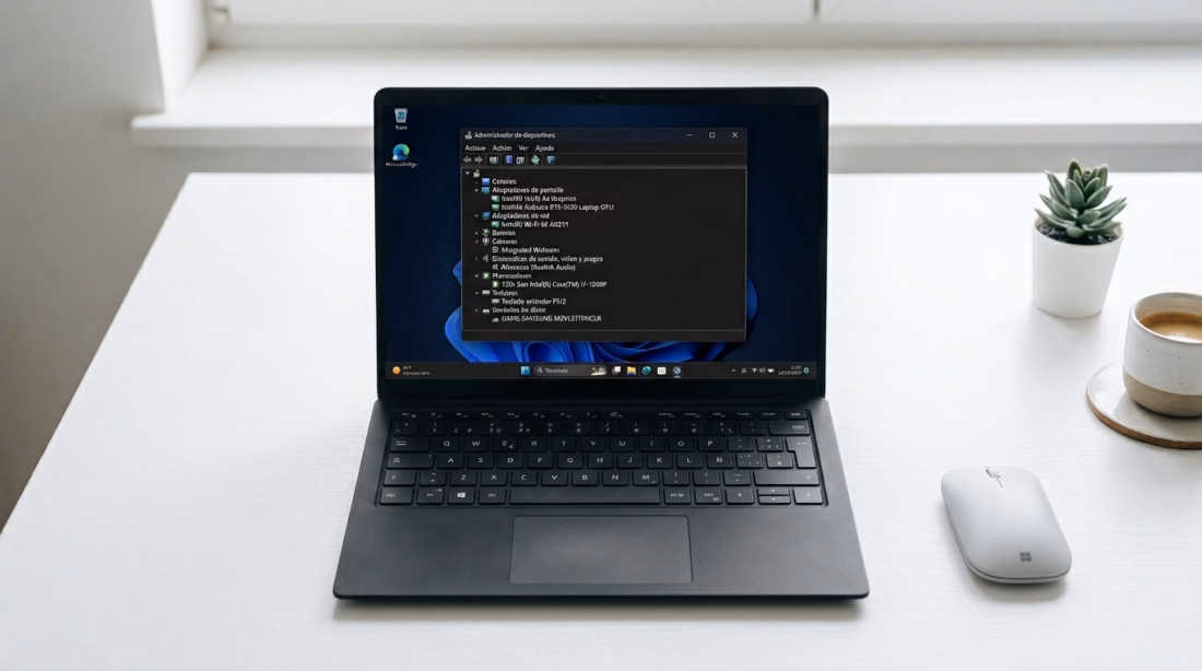 Administrador de dispositivos de Windows 11 mostrando drivers actualizados correctamente en una laptop
