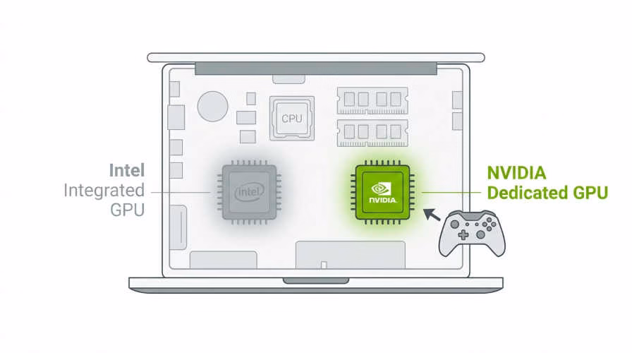 Juego lento después de actualizar Windows: diagrama mostrando la diferencia entre GPU integrada y GPU dedicada en una laptop para gaming