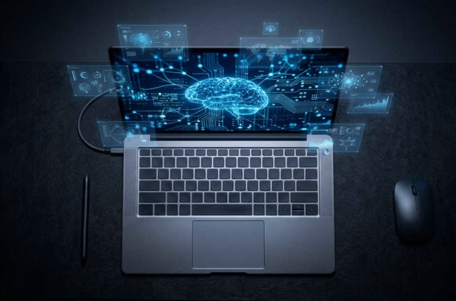 Laptops con inteligencia artificial integrada: laptop moderna mostrando visualización de inteligencia artificial integrada con redes neuronales en pantalla