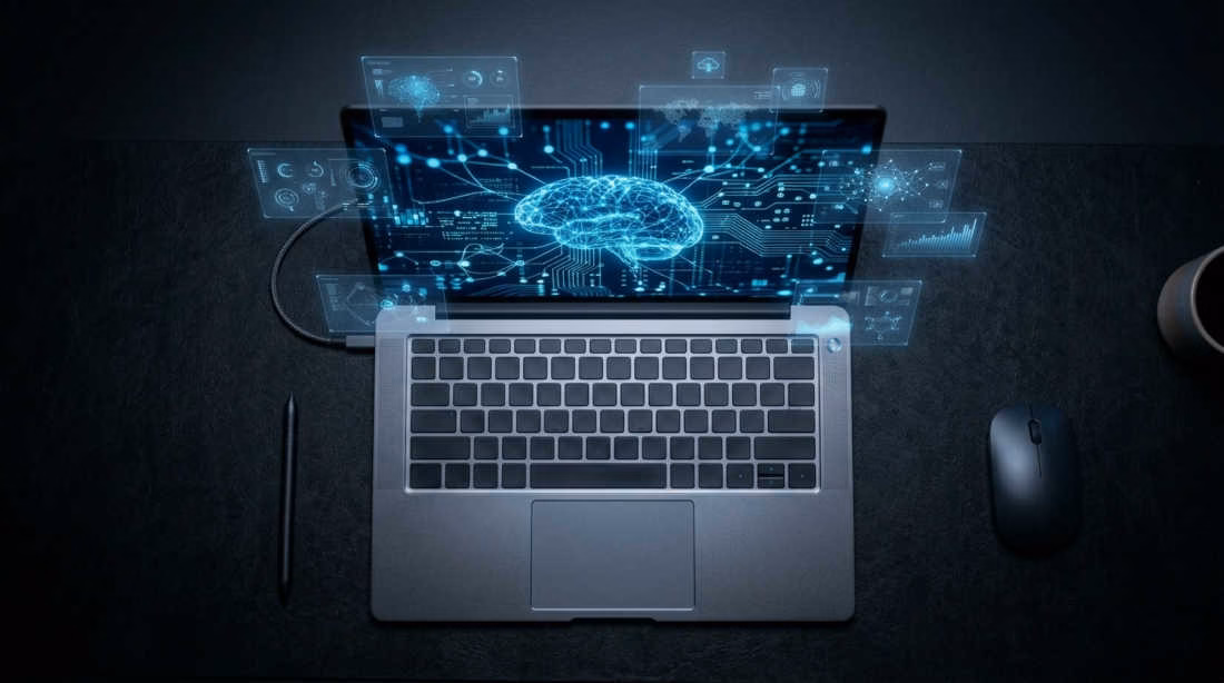 Laptops con inteligencia artificial integrada: laptop moderna mostrando visualización de inteligencia artificial integrada con redes neuronales en pantalla