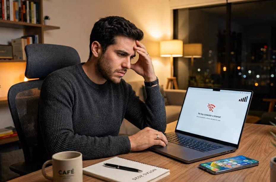 Laptop se desconecta del WiFi sola: persona frustrada frente a su laptop mostrando error de conexión WiFi