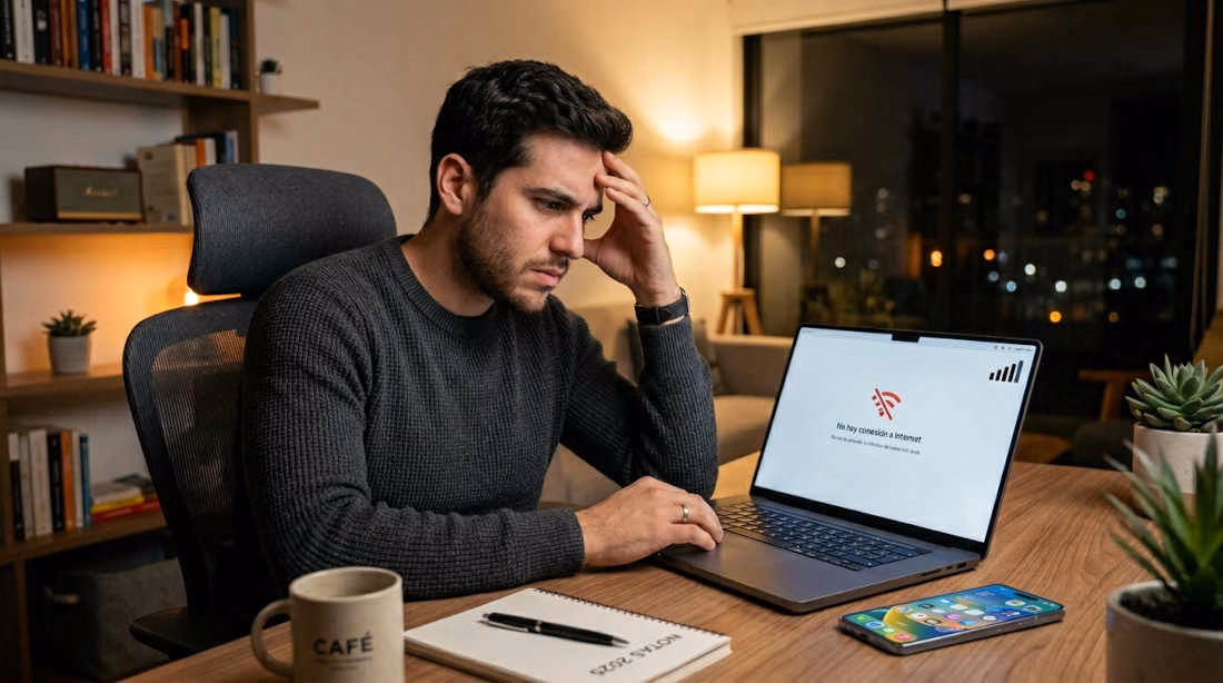 Laptop se desconecta del WiFi sola: persona frustrada frente a su laptop mostrando error de conexión WiFi