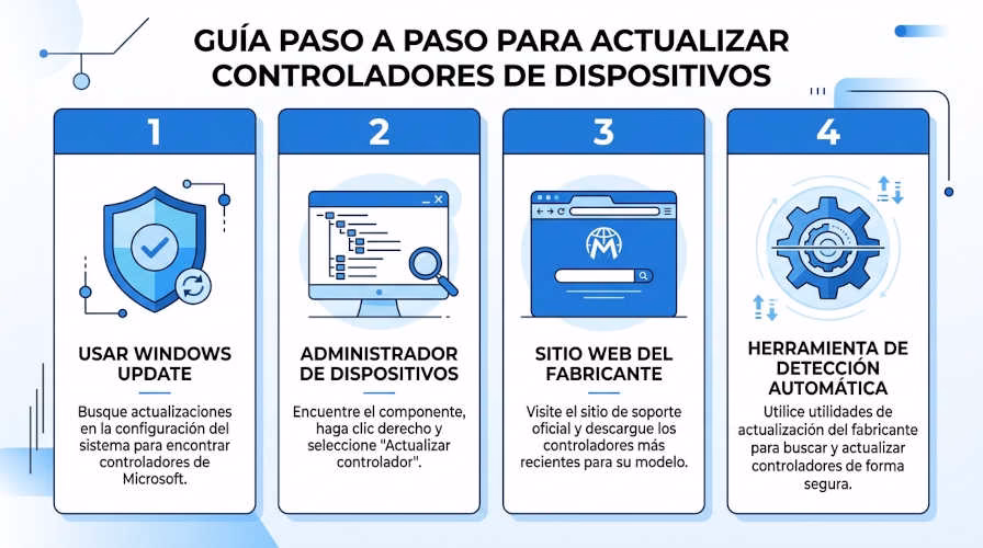Cuatro métodos para actualizar drivers en Windows 10 y 11 ilustrados como pasos numerados