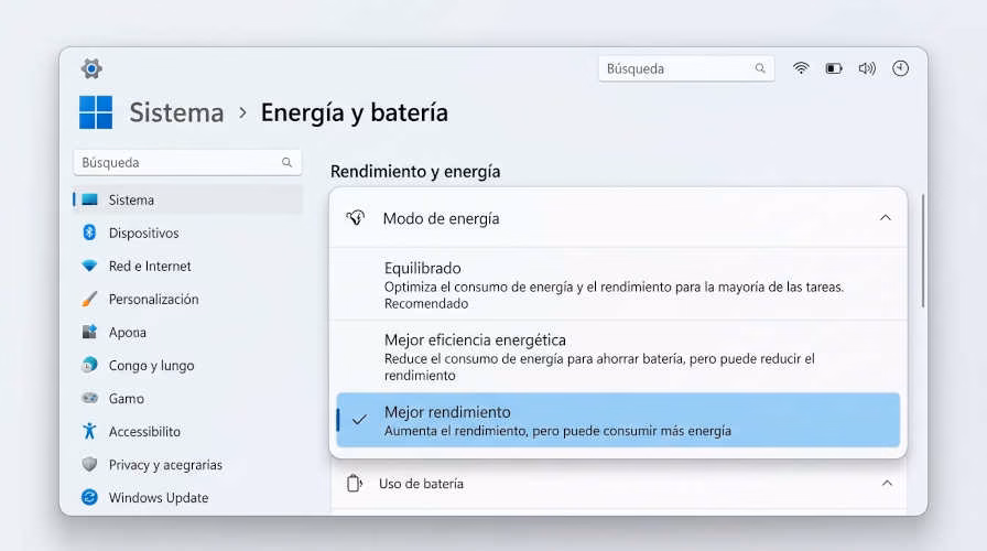 Configuración de modo de energía en Windows 11 con opción de mejor rendimiento seleccionada