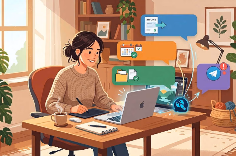 OpenClaw para freelancers: Freelancer trabajando relajado mientras OpenClaw automatiza correos, facturas y organización de archivos en segundo plano