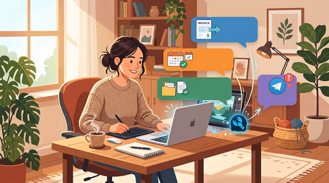 OpenClaw para freelancers: Freelancer trabajando relajado mientras OpenClaw automatiza correos, facturas y organización de archivos en segundo plano