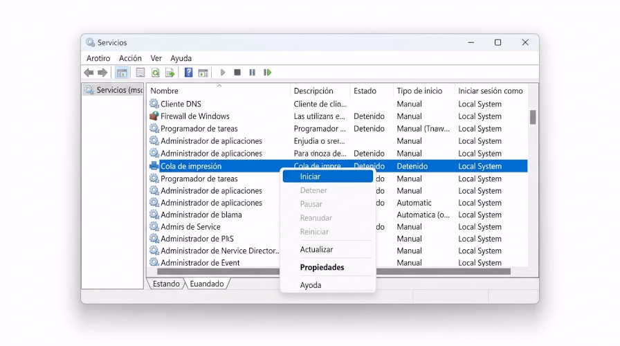 Panel de servicios de Windows mostrando el servicio Cola de impresión detenido y opción de reiniciar