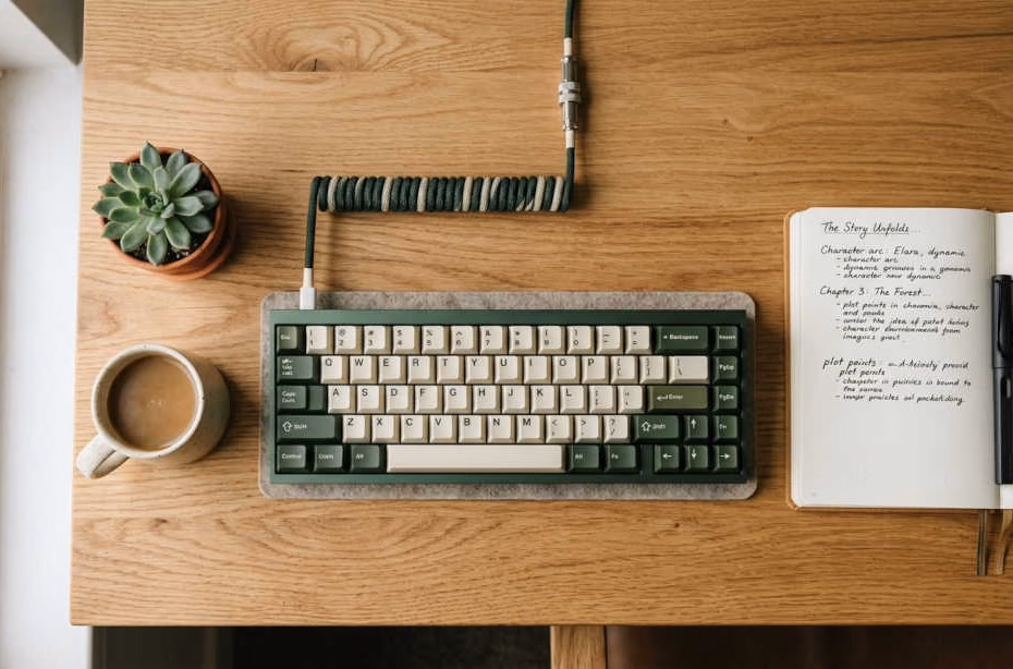 Teclado mecánico para escritores sobre escritorio de madera con cuaderno de notas