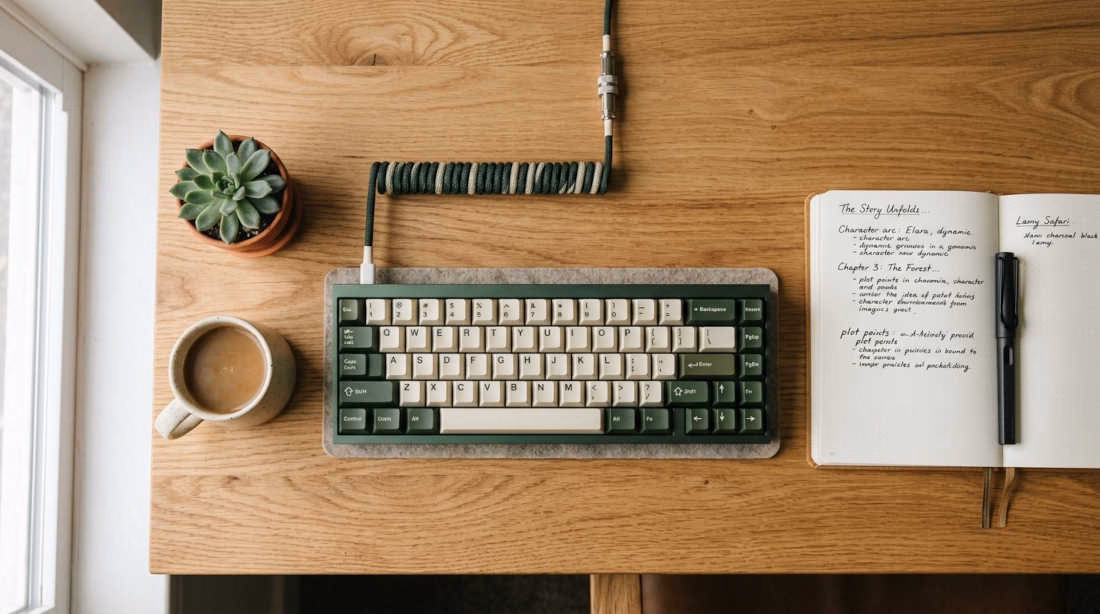 Teclado mecánico para escritores sobre escritorio de madera con cuaderno de notas