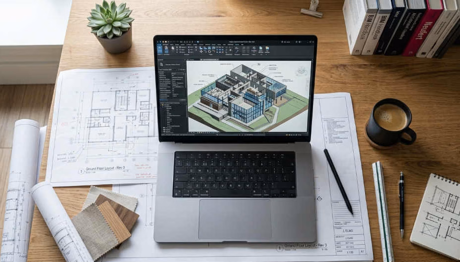 Mejores laptops para Revit: laptop abierta con modelo BIM en Revit sobre escritorio de arquitecto