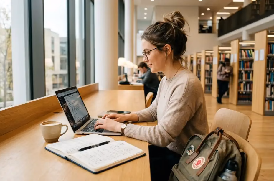 Estudiante universitaria usando laptop ligera en biblioteca moderna