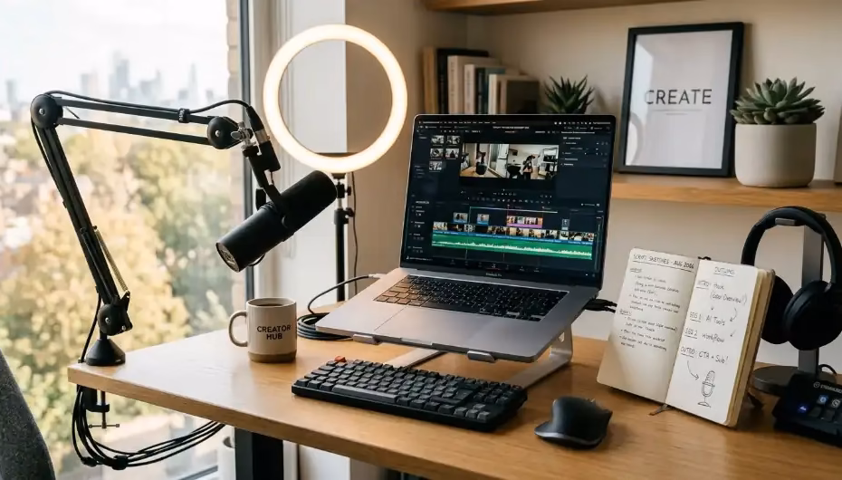 Laptop con software de edición abierto para crear videos de YouTube