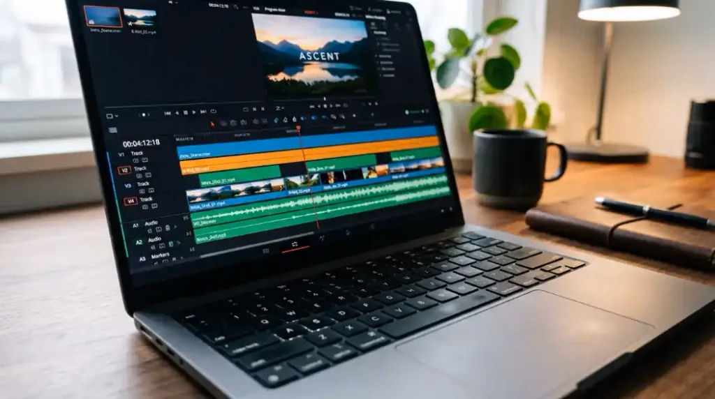 Laptop mostrando edición de video para YouTube
