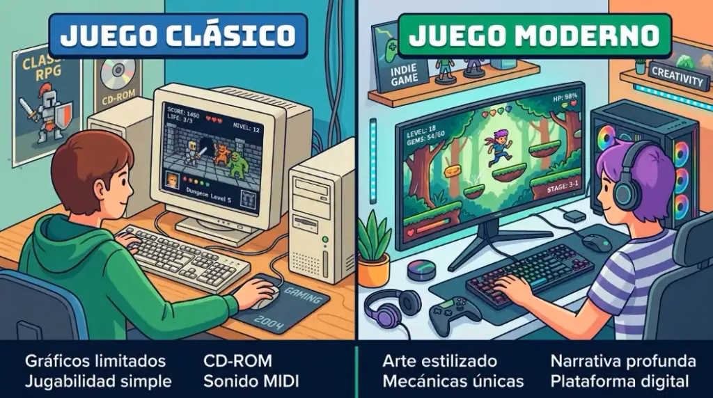 Comparación entre juegos clásicos y juegos indie modernos para gama baja