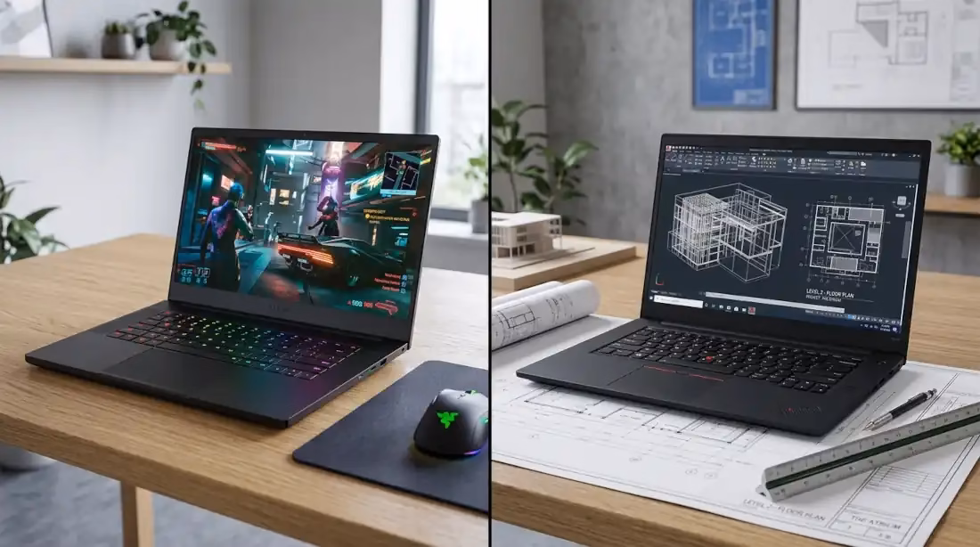 Comparación visual entre workstation y laptop gaming para arquitectura