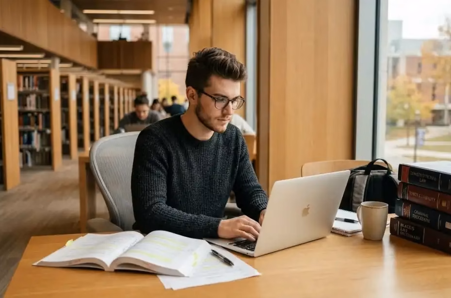 Estudiante de derecho usando laptop para investigación jurídica