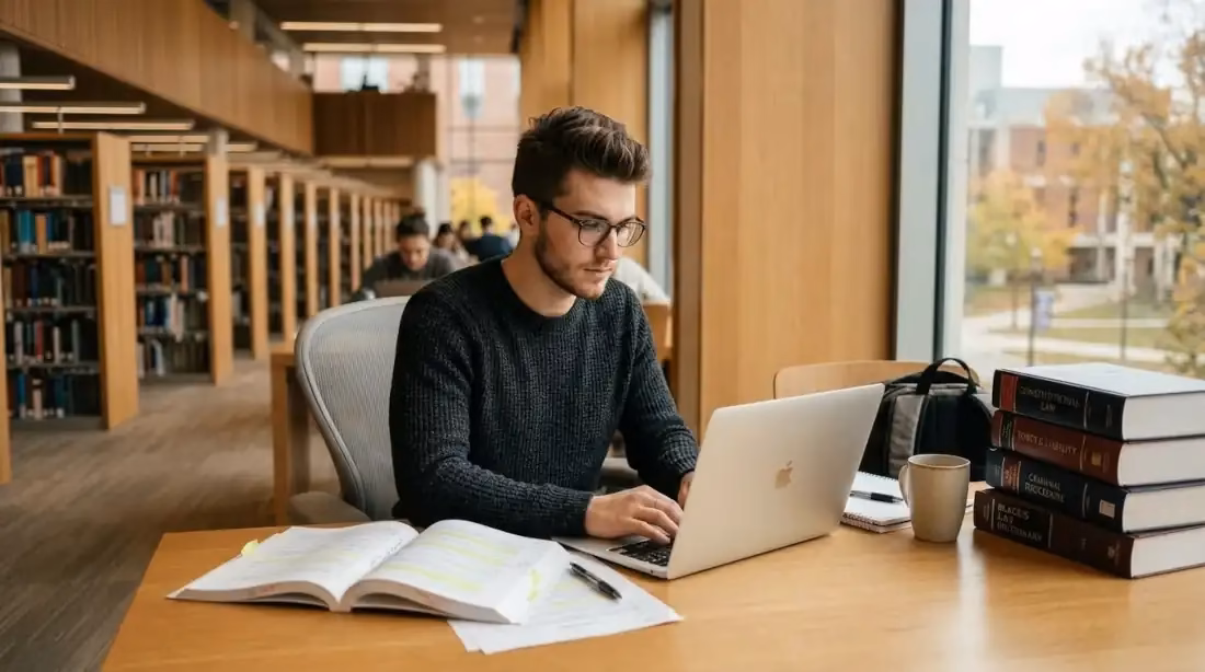 Estudiante de derecho usando laptop para investigación jurídica