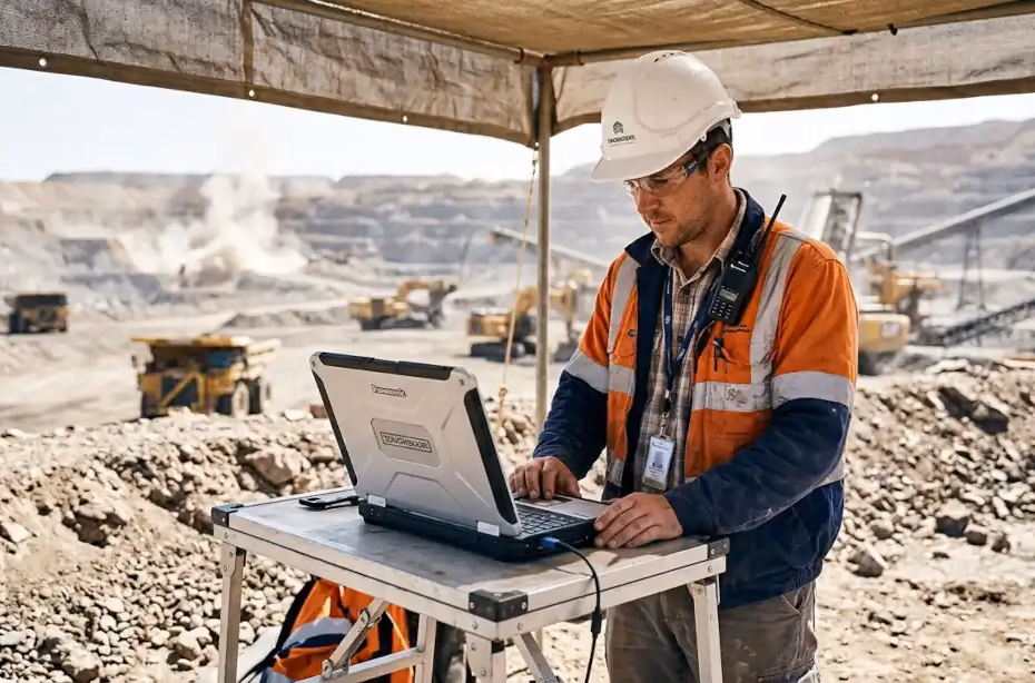 laptops para ingeniería de minas: Ingeniero usando laptop resistente en campo