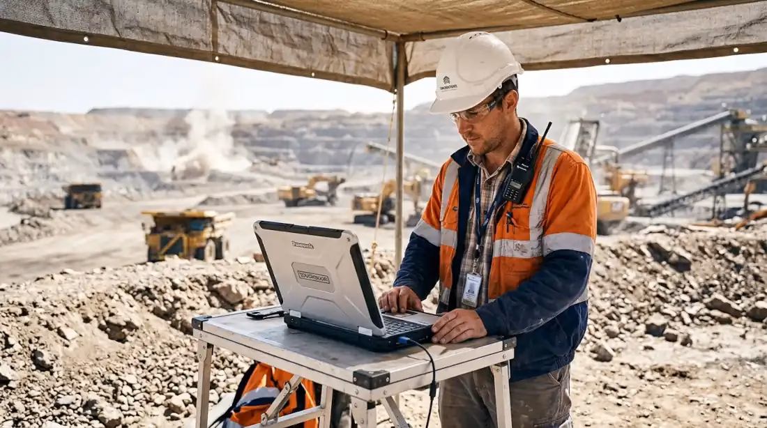 laptops para ingeniería de minas: Ingeniero usando laptop resistente en campo